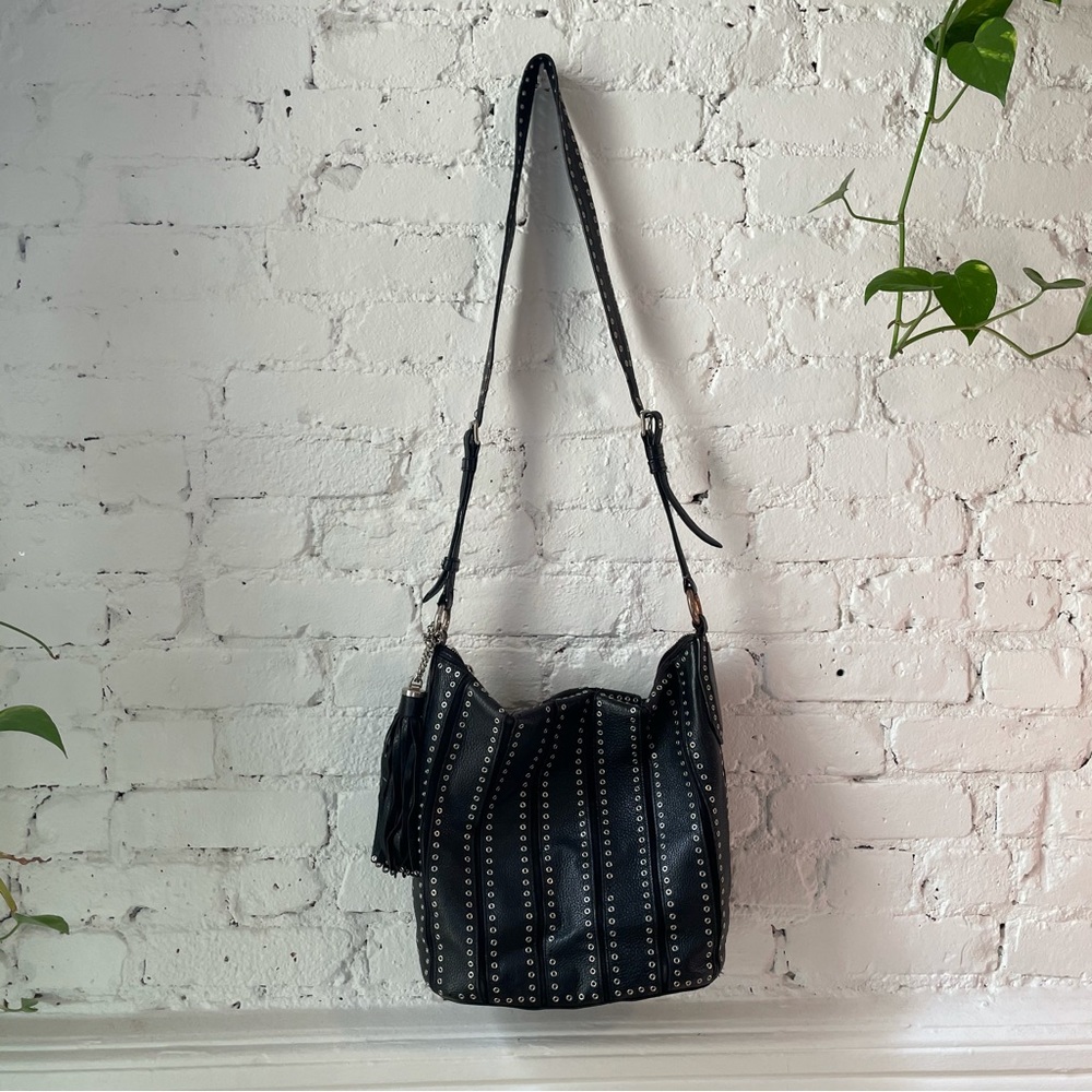 MICHAEL KORS Grommet Pebbled Leather Satchel Bag w/Fringe Tassel